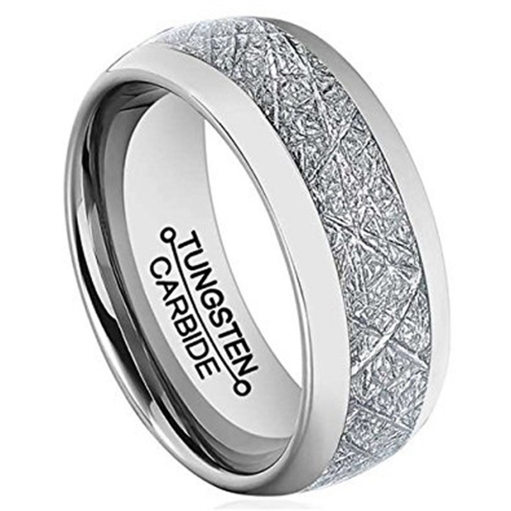 Womens or Mens Tungsten Wedding Band 8mm. Silver Tone Ring w/ Inspired Meteorite